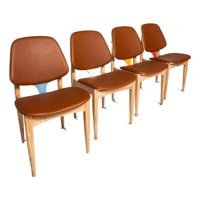 Rare Set of Four (4) Mid-Century Modern Multi-Colored Dining Chairs by Elliots of Newbury After Arne Vodder, England, C. 1960's For Sale