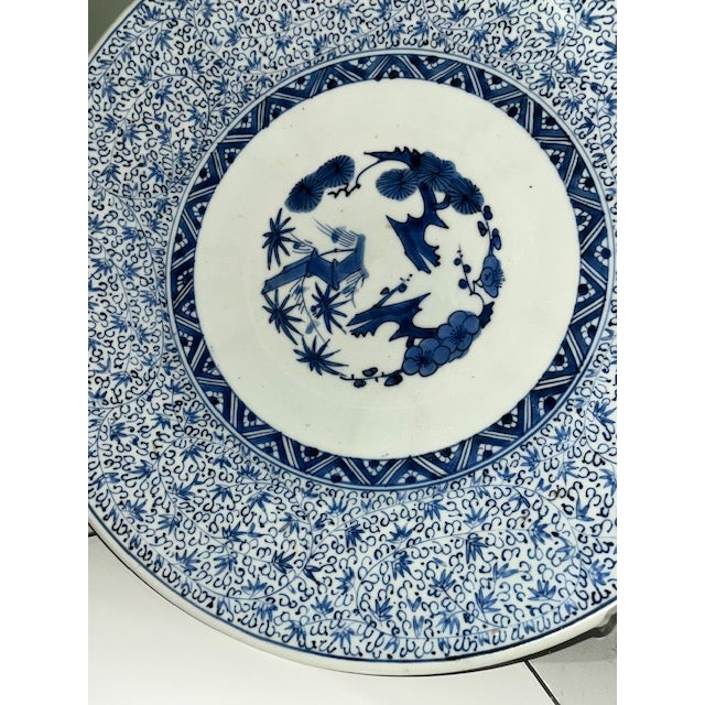 Antique 16" Blue and White Plate With Detailed and Intricate Hand Painting Pine and Plum Design For Sale - Image 11 of 18