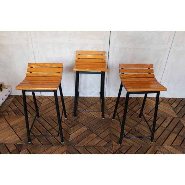 Wood Set of Three Mid-Century Modern Oak & Steel Bar Stools, 1960s For Sale - Image 7 of 18