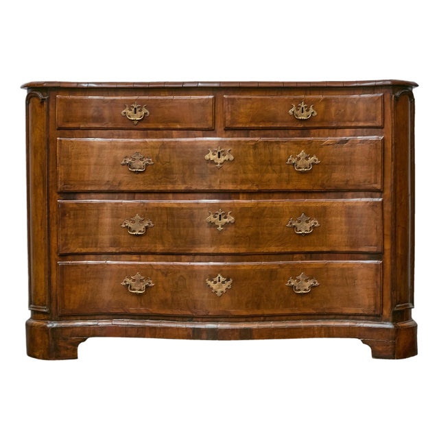 19th Century English Mahogany Serpentine Chest with Inlay and Ornate Pulls For Sale
