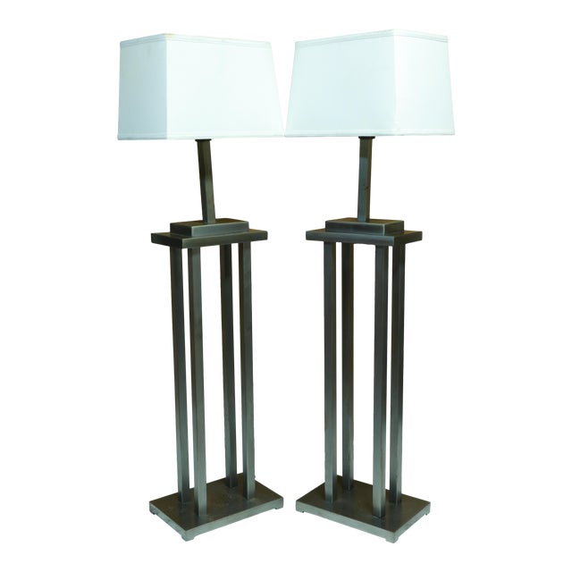 Mid Century George Kovacs Style Skyscraper Steel Architectural Floor Lamps with Shades For Sale