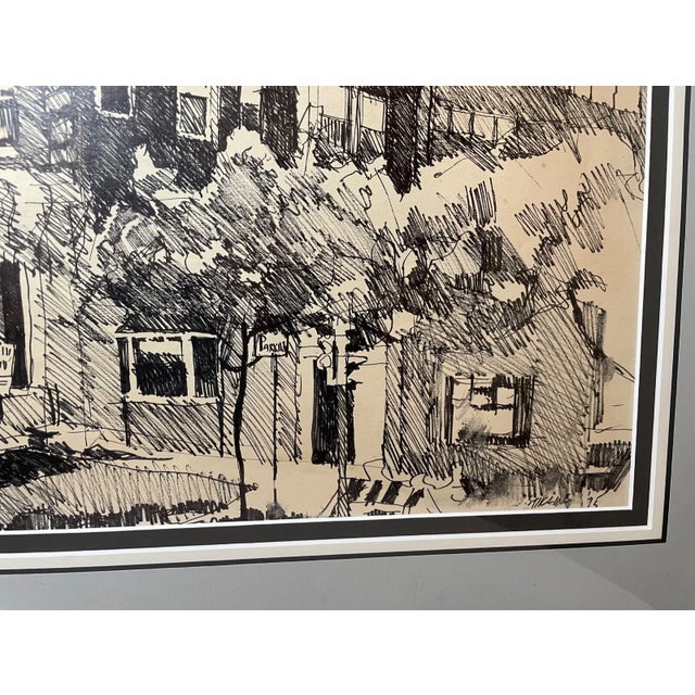 Vintage 75' Original S. Stirling Stylized Ink Drawing Apartment Cityscape Sketch For Sale - Image 9 of 12
