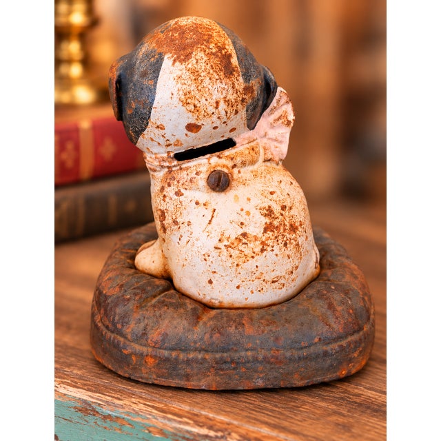 Figurative Antique Cast Iron Puppo Dog on Pillow Still Bank, Attributed to Hubley, Early 20th Century For Sale - Image 3 of 8