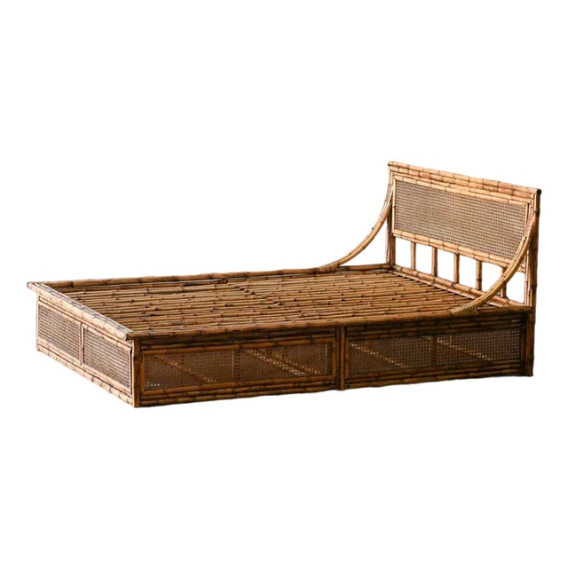 Double Bed with Bamboo and Vienna Straw Headboard, 1980s For Sale