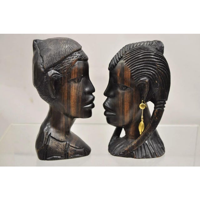 Black Vintage African Carved Ebony Wood Male and Female Bust Statue Sculptures- Set of 2 For Sale - Image 8 of 10