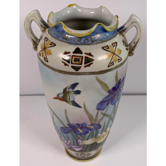 Early 20th Century Antique Japanese Hand-Painted Porcelain Vase With Birds & Iris Flowers, Jeweled Gilt Decoration For Sale - Image 5 of 14