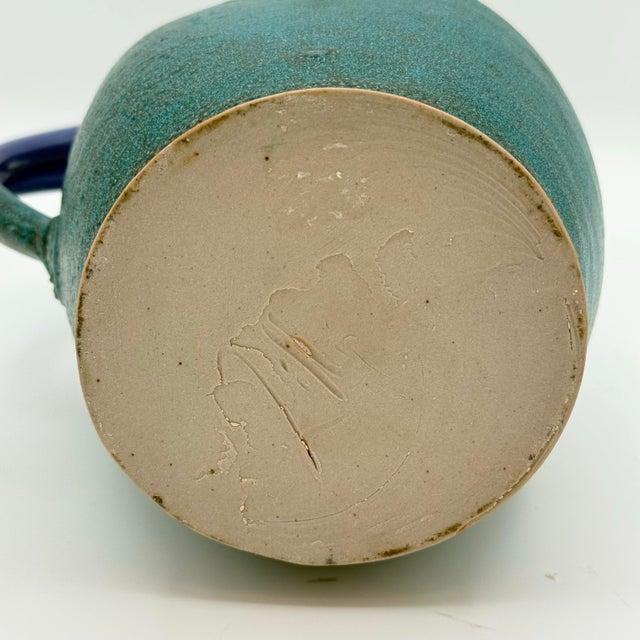 Ceramic Vintage Studio Pottery Pitcher — Turquoise & Periwinkle Glaze, Hand-Thrown, 9.25” Tall For Sale - Image 7 of 8