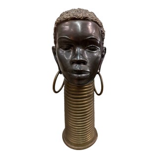 Vintage Nubian Bronze African Head Sculpture For Sale