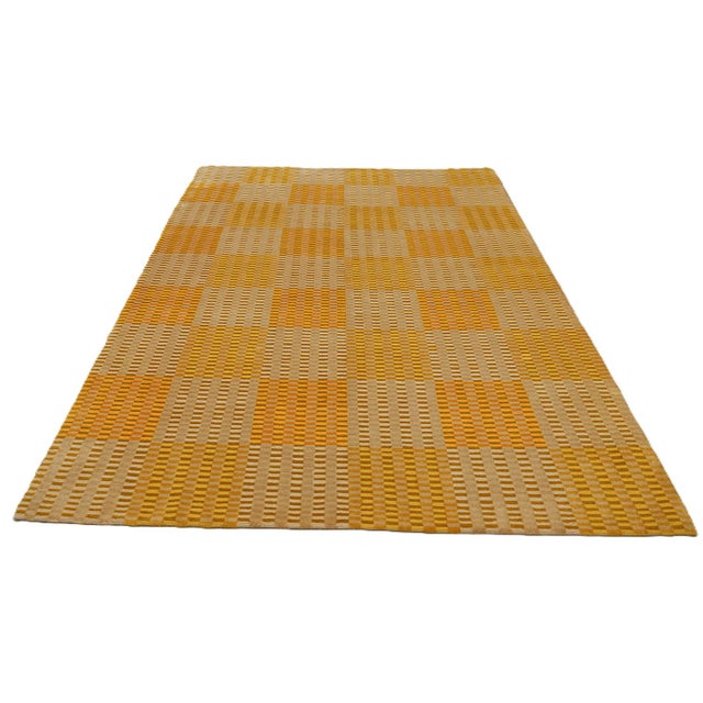 Modern 6'x9' Hand-Knotted Modern Tibetan Wool & Silk Cut-and-Loop Geometric Rug in Gold & Orange For Sale - Image 3 of 10
