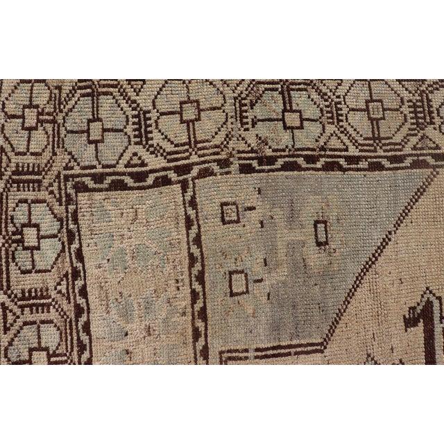 Mid 20th Century Geometric Tribal Vintage Turkish Oushak Rug in Brown Cream Light Blue and Tan For Sale - Image 11 of 13