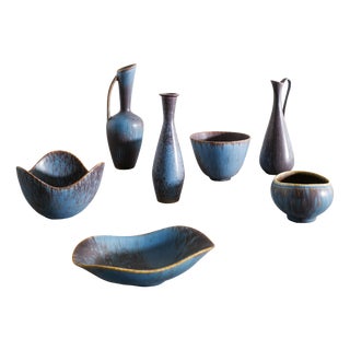 Mid-Century Swedish Blue Brown Ceramic Bowls and Vases by Gunnar Nylund for Rörstrand, 1950s, Set of 7 For Sale