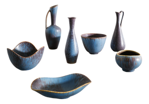Mid-Century Swedish Blue Brown Ceramic Bowls and Vases by Gunnar Nylund for Rörstrand, 1950s, Set of 7