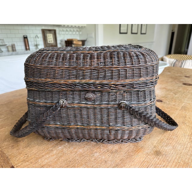 Antique French Bressan market basket from a Paris flea market. Metal hardware and woven handles. Top lifts off (not...