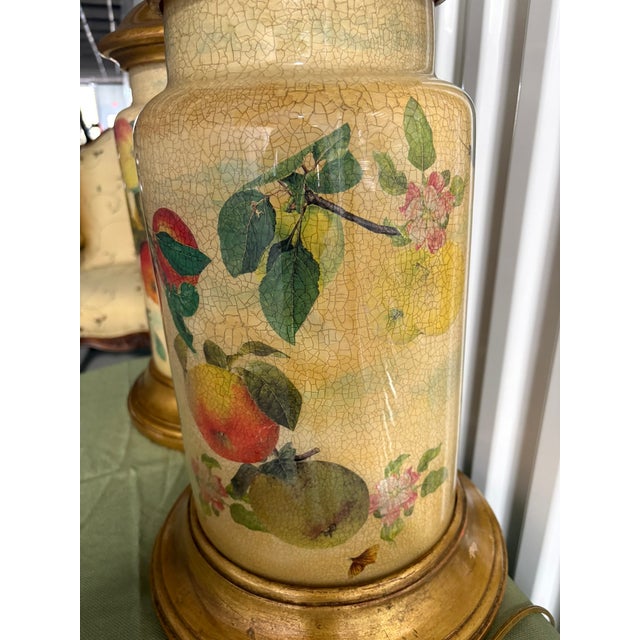Yellow Pair of Crackled Painted Metal Jars Adapted as Lamps on Wood Bases, Late 20th Century For Sale - Image 8 of 9