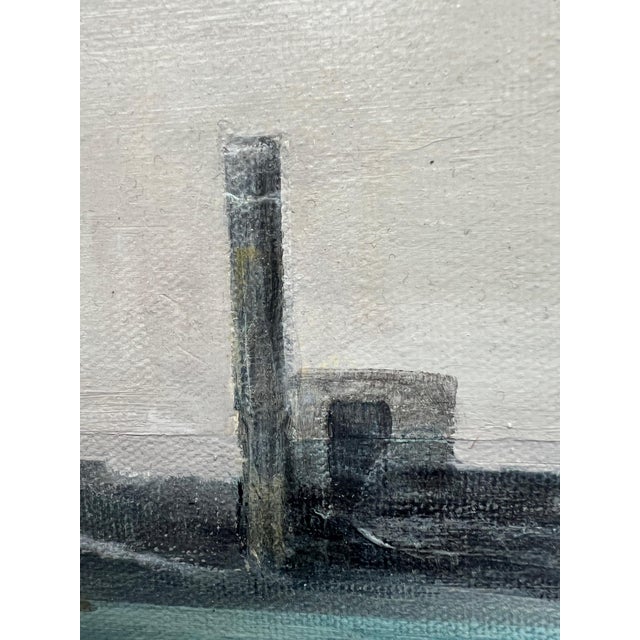 2010s "Industrial Waterfront" Contemporary Cityscape Painting in Gray and Aqua by Mill Valley Artist Mary Anne McKernie For Sale - Image 5 of 10