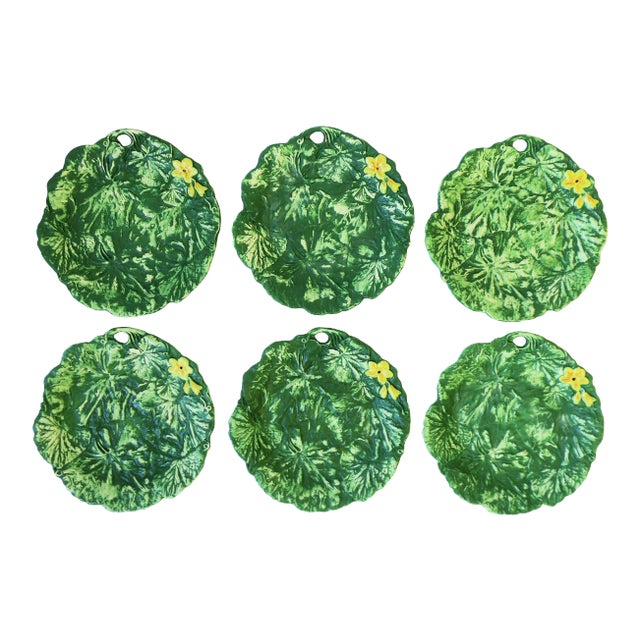 Italian Designer Green & Yellow Matte Pottery Plates with Lotus Leaf & Flower, 6 For Sale