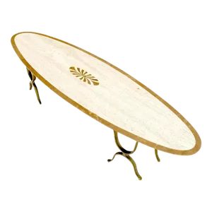 Mid Century Modern Long Oval Inlaid Travertine Brass Base Coffee Table