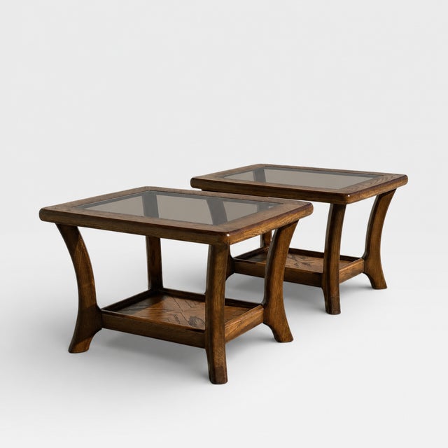 Chestnut Pair of Late Mid-Century Oak Side Tables With Smoked Glass Tops, Mid-Century Modern, 1970s For Sale - Image 8 of 18