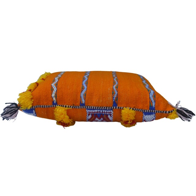 Vintage Moroccan Orange & Blue Stripes Wool Pillow For Sale - Image 9 of 10