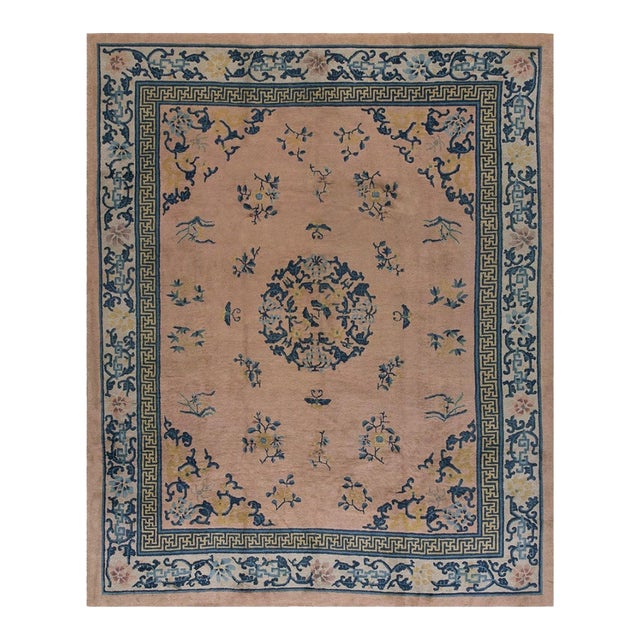 1930s Pink Rose Medallion Oriental Antique Chinese Peking Knotted Rug 8' X 10' For Sale