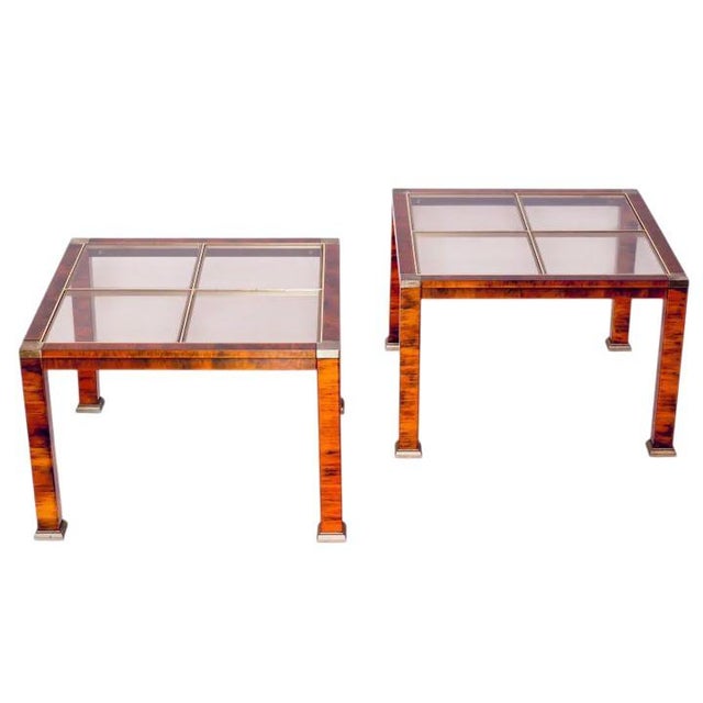 1970s Rare 1970s Hollywood Regency Flamed Burl Wood, Copper, Brass, and Glass 4-Piece Table Set For Sale - Image 5 of 12