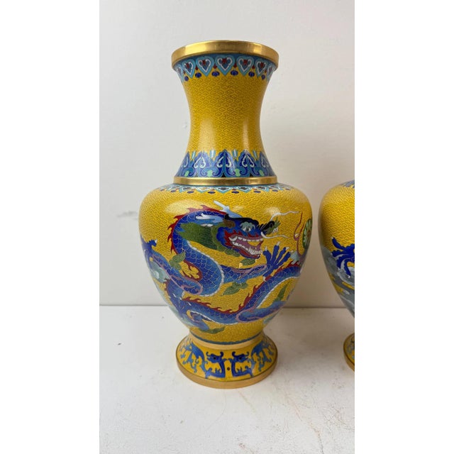 Chinese Pair Chinese Cloisonne Enamel Yellow Dragon Vases For Sale - Image 3 of 8