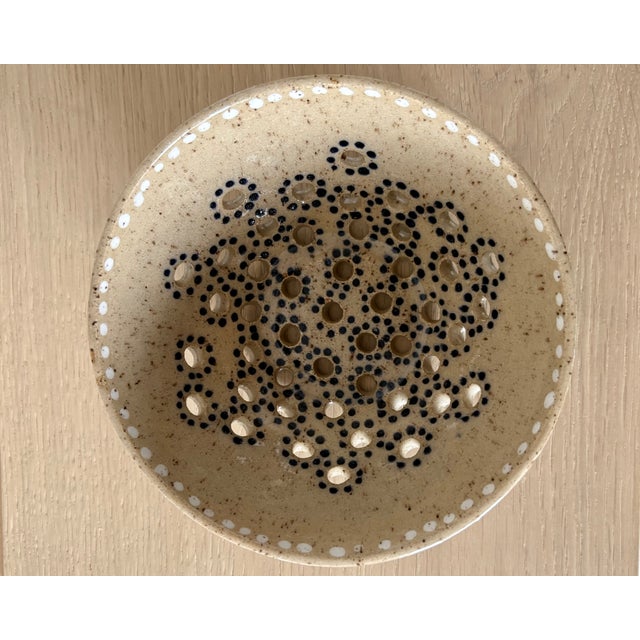 Contemporary American Studio Pottery Colander Bowl in Cobalt Blue and Cream, New York For Sale - Image 3 of 4