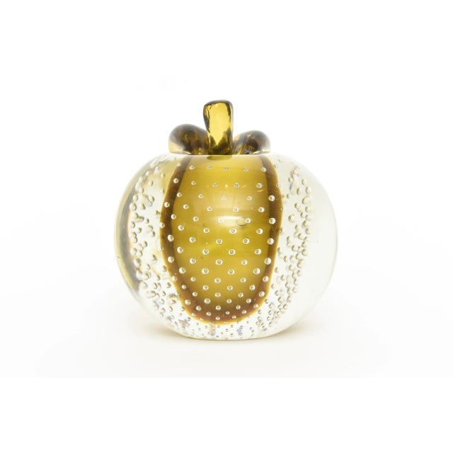 Glass Vintage Murano Salviati Army Green and Clear Bullicante Apple Sculpture Object Italian For Sale - Image 7 of 11