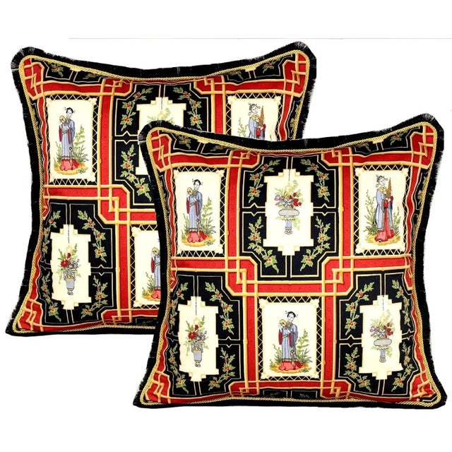 Chinoiserie Pillow With Piping and Fringe Made From Vintage Chinoiserie Schumacher Fabric For Sale - Image 3 of 13