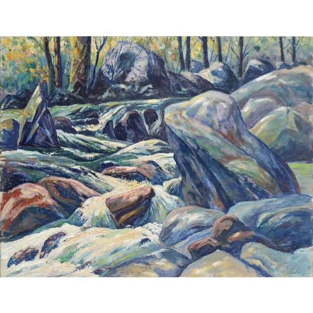 Beautiful mid-century landscape painting of large boulders in a rushing stream by listed California artist James Russell...