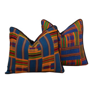 Pair of Denim Blue Vintage African Kente Pillow Covers For Sale