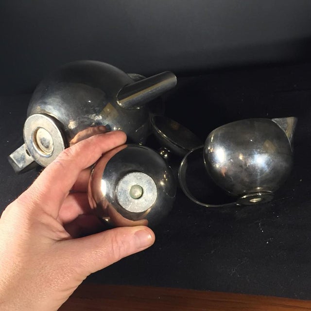 Art Deco Modernist Silver Metal Tea or Coffee Service, 1940s, Set of 3 For Sale - Image 6 of 9