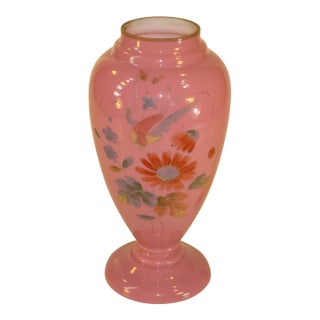 Late 19th Century Vase Victorian Pink Cased Glass with Hand Painted Enamel Bird & Flowers For Sale