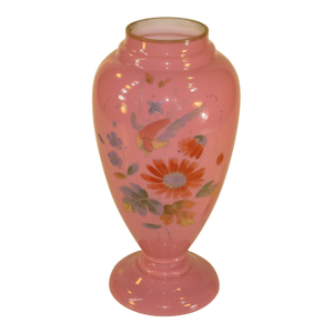 Late 19th Century Vase Victorian Pink Cased Glass with Hand Painted Enamel Bird & Flowers
