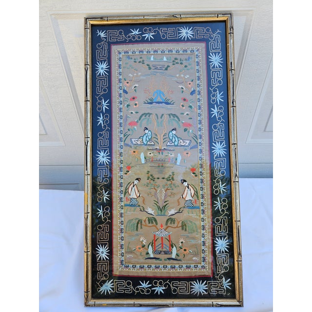 Chinoiserie Vintage Framed Chinoiserie Silk Embroidered Panel For Sale - Image 3 of 10