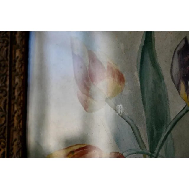 Still life with tulips, watercolor around 1940, framed. Spots on the cardboard and on the bottom of the paint....
