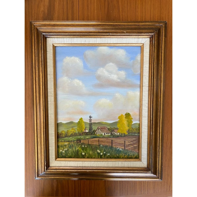 Framed Vintage Mid Century Painting of Farm Landscape For Sale - Image 11 of 11