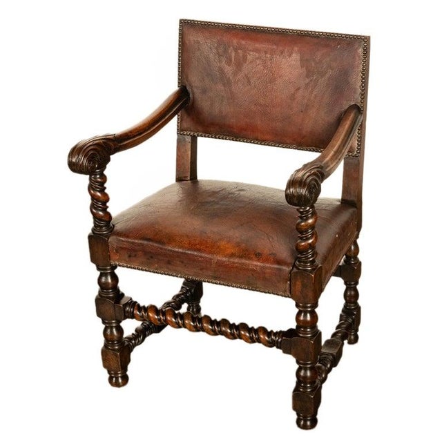 Antique Italian Baroque Leather & Barley Twist Carved Mahogany Arm Chair 1820 For Sale - Image 12 of 14