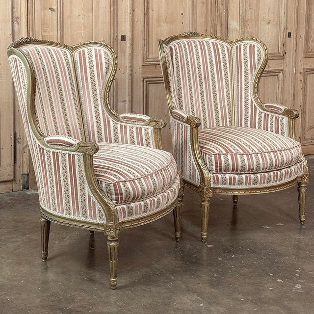 French Pair Antique French Louis XVI Giltwood Bergeres ~ Armchairs For Sale - Image 3 of 18