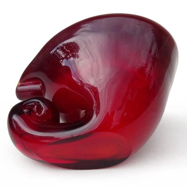 Vintage Murano Avem Deep Red Yellow Silver Flecks Italian Art Glass Seashell Sculptural Ashtray Bowl For Sale In Orlando - Image 6 of 6