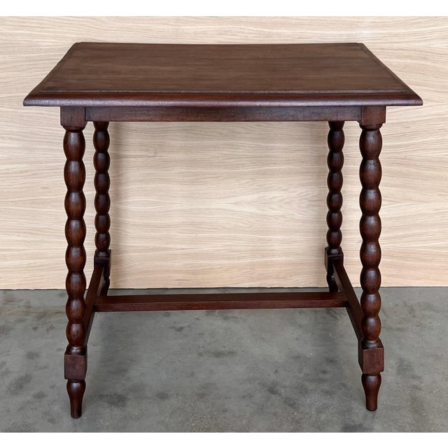 Brown 19th Spanish Walnut Side Table with Turned Legs and Iron Stretcher For Sale - Image 8 of 18