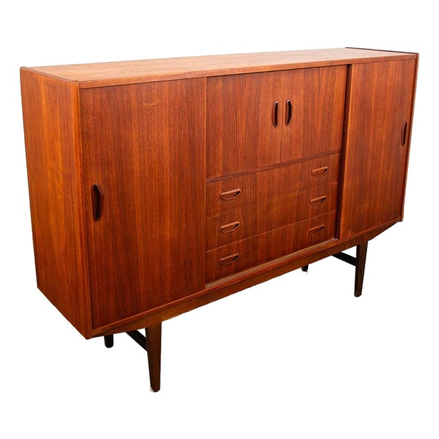 Mid Century Danish Modern Credenza Highboard Bar Sideboard Denmark Teak Drawers For Sale