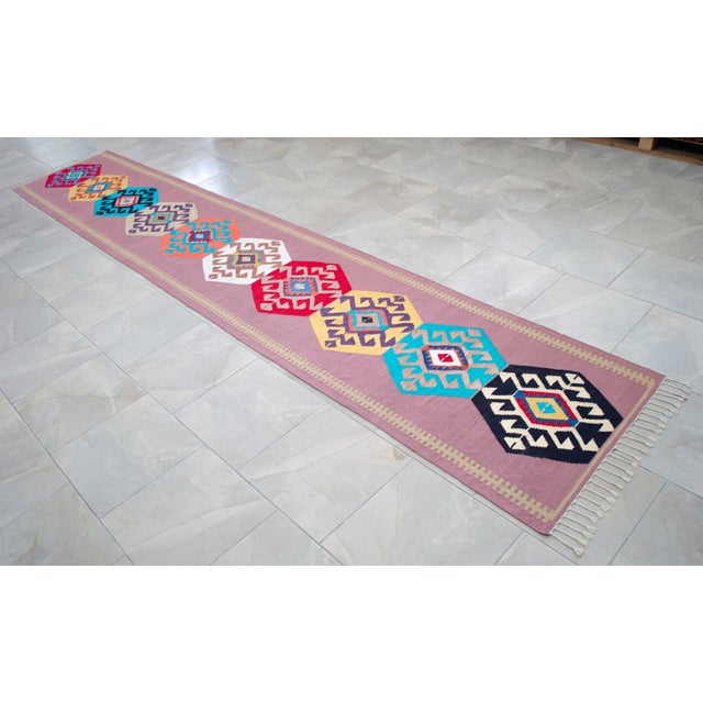 Hand Woven Silk Runner Rug . Full Tribal Design Hallway Colorful Runner Rug New - 2′7″ X 14′3″ For Sale - Image 9 of 15