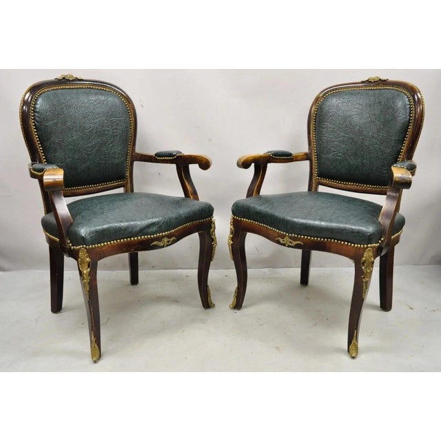 Vintage French Louis XV Style Solid Wood & Bronze Ormolu Arm Chairs - a Pair. Item features green vinyl/Naugahyde...