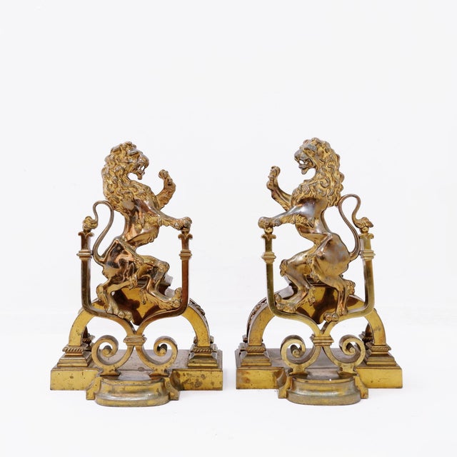 Hollywood Regency Antique Gilt-Bronze Andirons Depicting Rampant Lions, Set of 2 For Sale - Image 3 of 17
