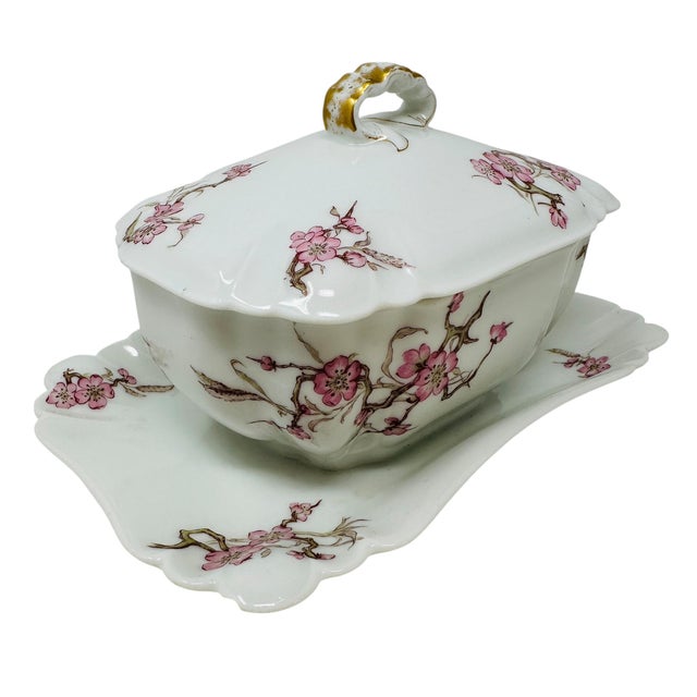 Pink Antique Haviland Limoges Gravy Boat With Attached Underplate, Schleiger 222 Pink Cherry Blossom Floral Pattern, 1876-1889 H&Co/L Mark For Sale - Image 8 of 18