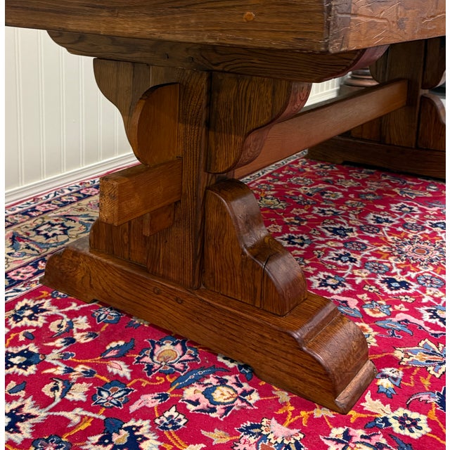 Antique French Country Farm Dining Table Farmhouse Trestle Base Honey Oak For Sale - Image 14 of 17