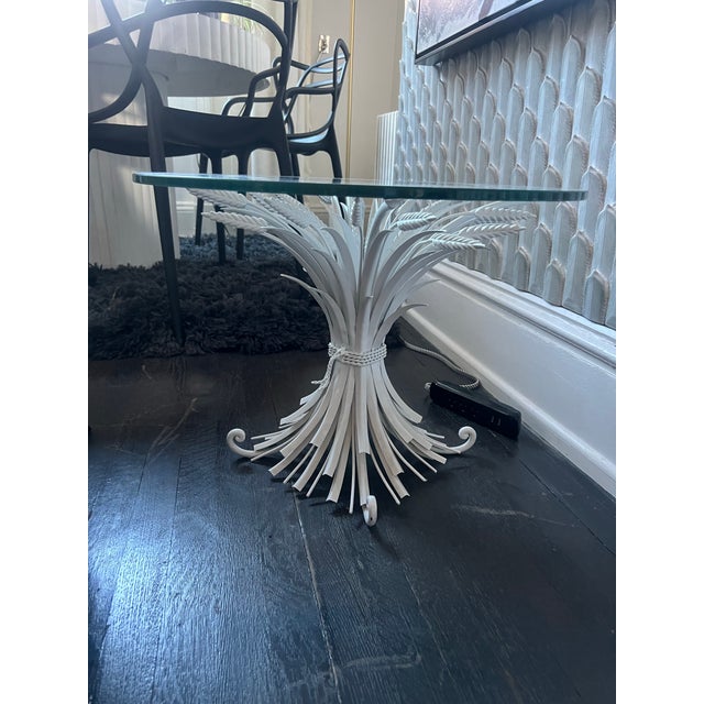 1960s 1960s Mid Century / Hollywood Regency White Powered Coated Wheat Sheaf Side Table With Glass Top For Sale - Image 5 of 9