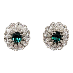 Vintage 1960s Signed Vendome Faux-Emerald & Clear Rhinestone Clip Earrings-2 Pieces