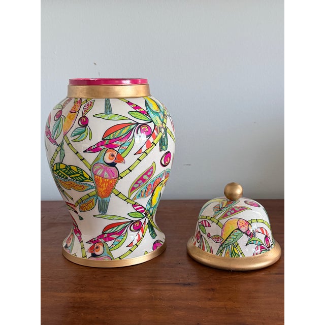 Transitional Palm Beach Style Decorative Ceramic Ginger Jar- Tropical Theme Hot Pink, Green With Gilt Accents For Sale - Image 3 of 12